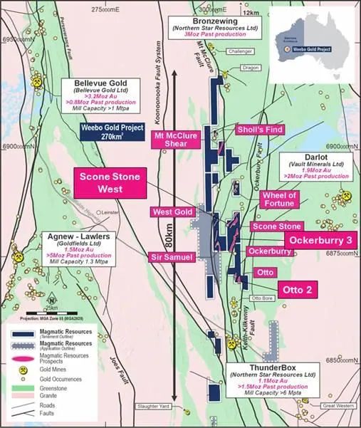 Weebo Project location with tenure, geology and gold mines/occurrences