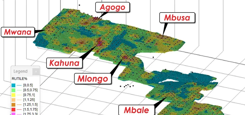 Modelled rutile grade oblique with NW view at the Mkanda Project in Malawi, Africa