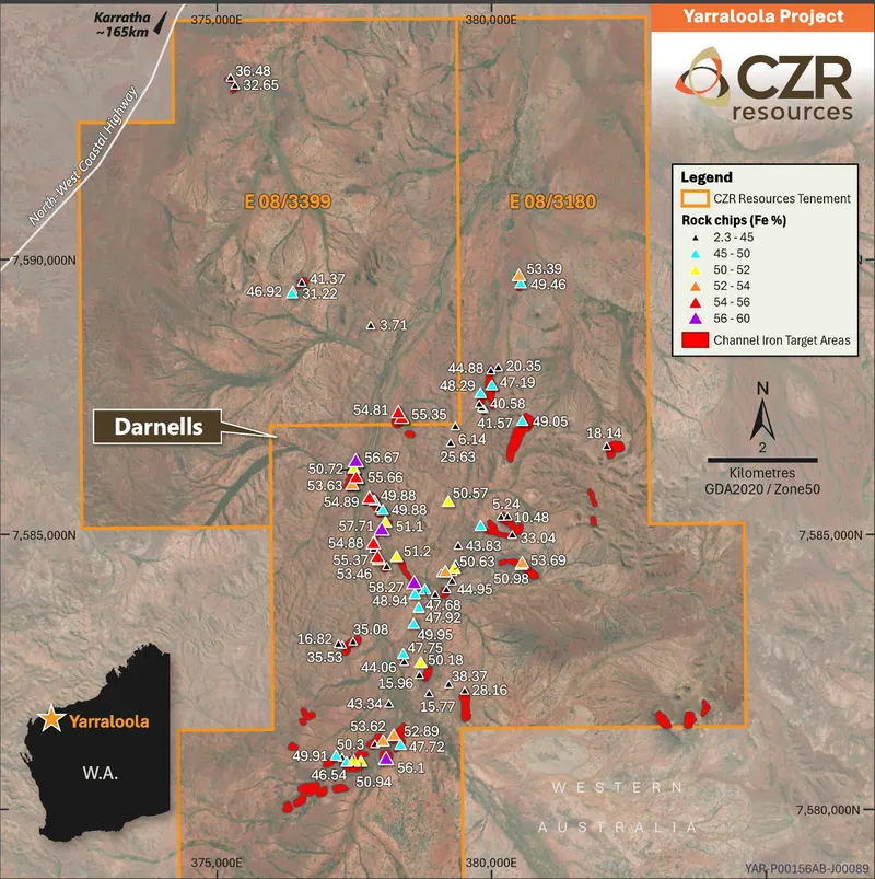 Rock chip sampling results from the Darnells area at Yarraloola