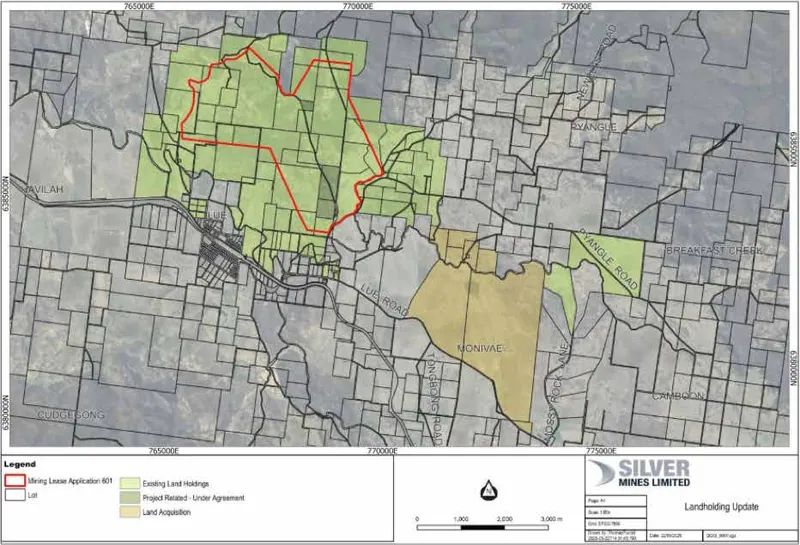 Satellite image overlain with property lots, the Bowdens Mining Licence Application and Bowdens Silver freehold land package
