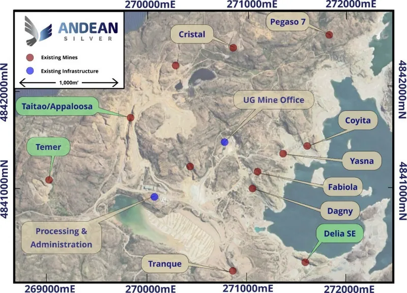 Laguna Verde Mine Complex map, highlighting the location of the existing mine areas (red dots) in relation to existing infrastructure (blue dots)