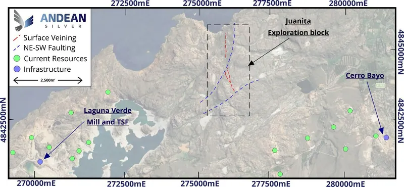 Location of the Juanita Prospect, North of the historic Cerro Bayo district, and existing Laguna Verde processing facility
