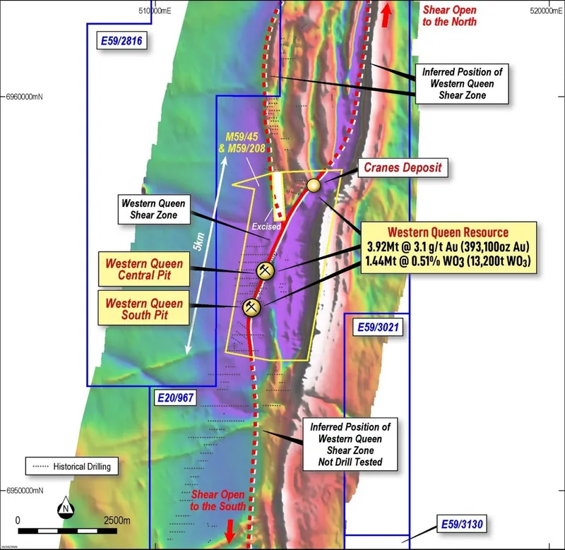 Western Queen Project – Tenure, Resources, Prospectivity over 1VD RTP Magnetics