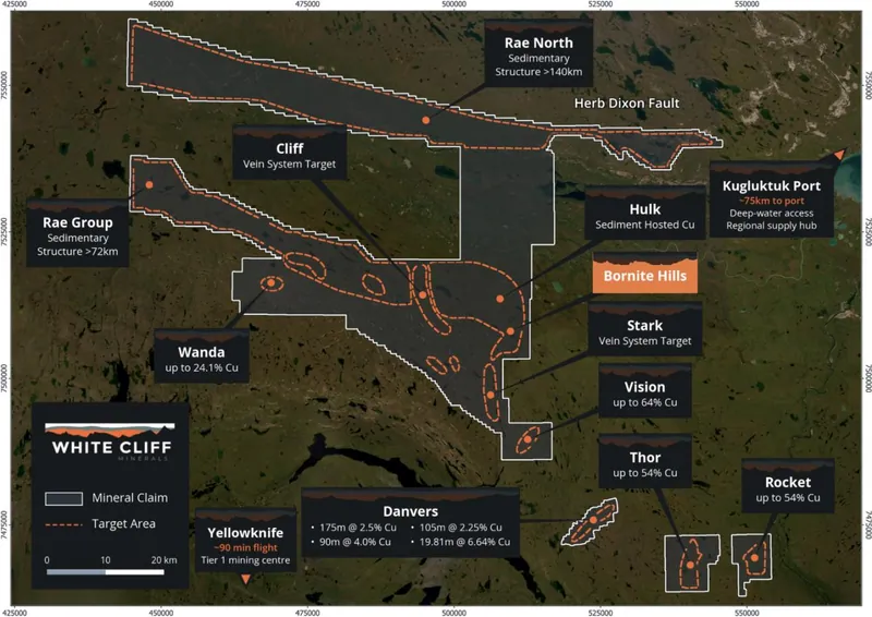 Rae Copper Project showing the Bornite Hills Prospect (highlighted) relative to Danvers, the Herb Dixon Fault and the regional target pipeline