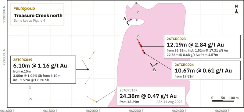 Treasure Creek north, plan view, with Section A to B (Figure 5); key under Figure 4