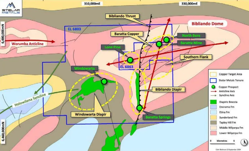 Baratta Copper Project showing the Bibliando Dome and priority target areas on simplified geology