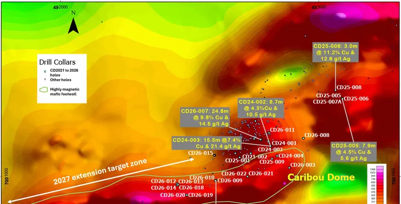 Closely spaced (25m) magnetic survey data showing the focus of 2026 western mineralisation drilling, with further potential extensions along the magnetic trend…
