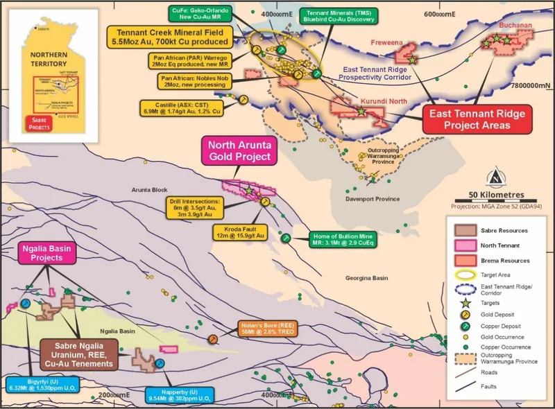 Location of the East Tennant Ridge (Brema) and North Arunta Project (NTM) Gold &Copper-Gold Project Areas