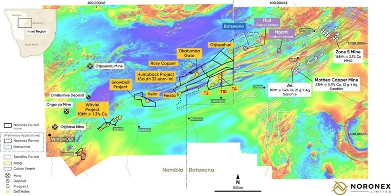 Noronex’s strategic landholding in the Kalahari Copper Belt, extending from Namibia into Botswana