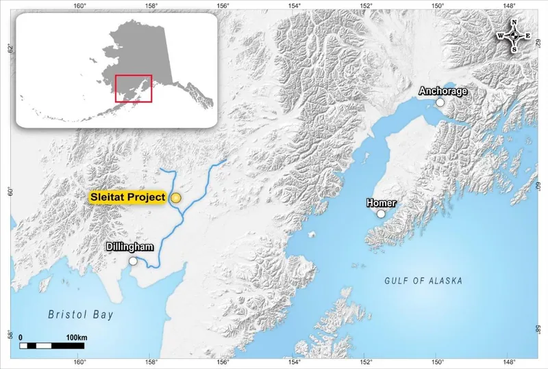 Location of Sleitat Project 400kms from Anchorage and with access to Bering Sea and Pacific Ocean