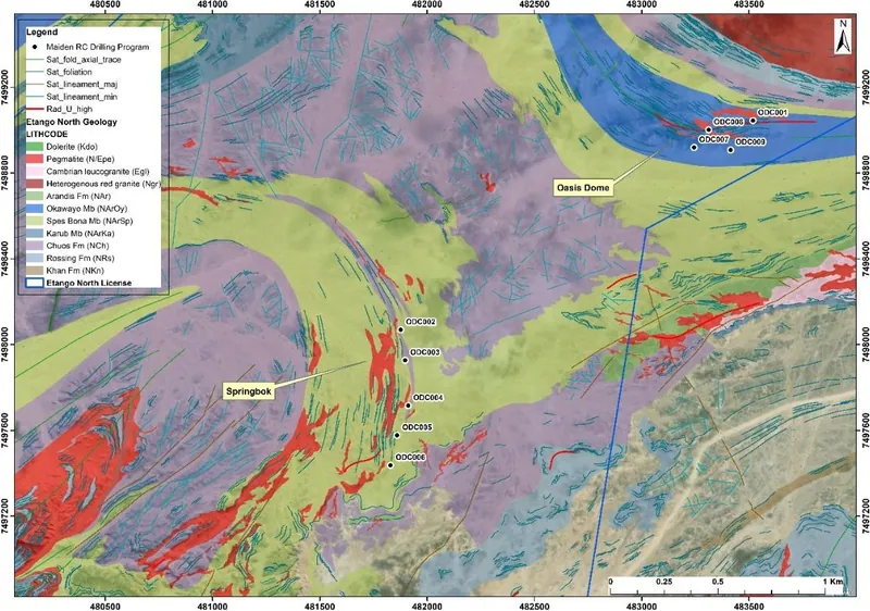Plan view of RC drill hole collar locations at the Oasis Dome and Springbok prospects, Etango North