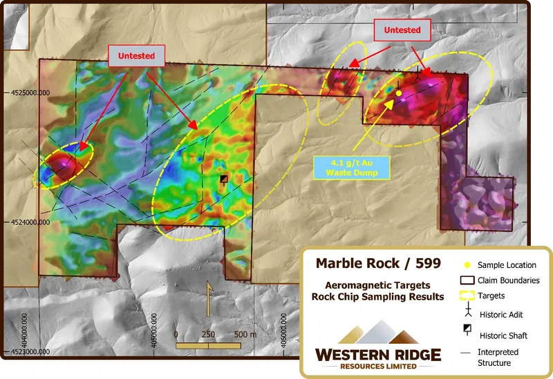 Grab sample location – taken from mullock adjacent to one of multiple historic adits in the Marble Rock area. Assay results returned 4.1 g/t Au from a 3.5 kg s…
