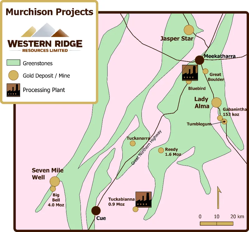 Area map showing acquired projects of Seven Mile Well, Lady Alma and Jasper Star projects