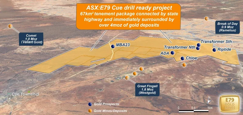 Aerial view of the Cue Gold Project, looking south, relative to the Great Fingall Mining Complex and Comet Mine (Valiant Resources) and Break of Day Mine (Rame…
