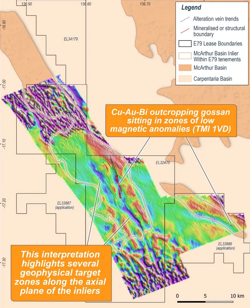 Magnetic data TMI – 1VD outlining large scale magnetic lows associated with known copper mineralisation. Red outline is the mapped extent of the prospective Mc…