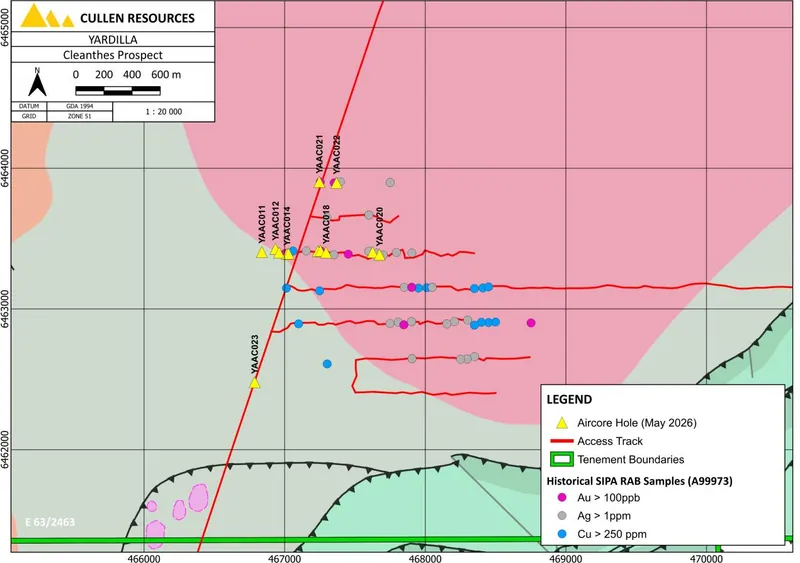Cleanthes target area defined by Au-Cu-Ag anomalies in historical RAB