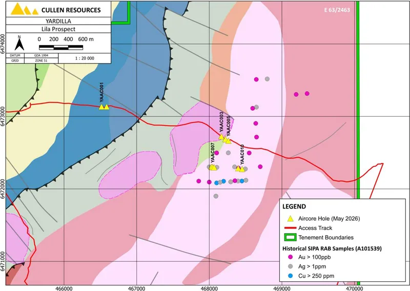Lila target area defined by combined Au-Cu-Ag anomalies in historical RAB