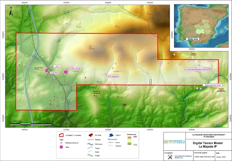 Digital terrain model of the La Majada IP showing the permit boundary, historic Sb workings and mineral occurrences