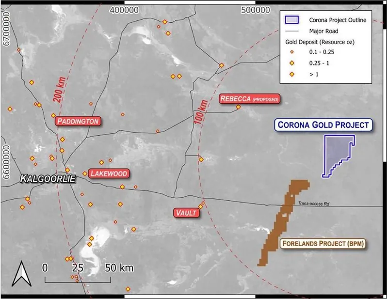 Location of the Corona Gold Project relative to Kalgoorlie, regional mills and BPM Minerals’ Forelands Project