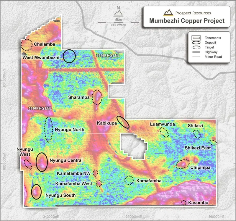 Mumbezhi Mining Licences showing deposits and currently delineated prospects over Airborne Electromagnetic geophysics (Time Derivative – Mid Time)