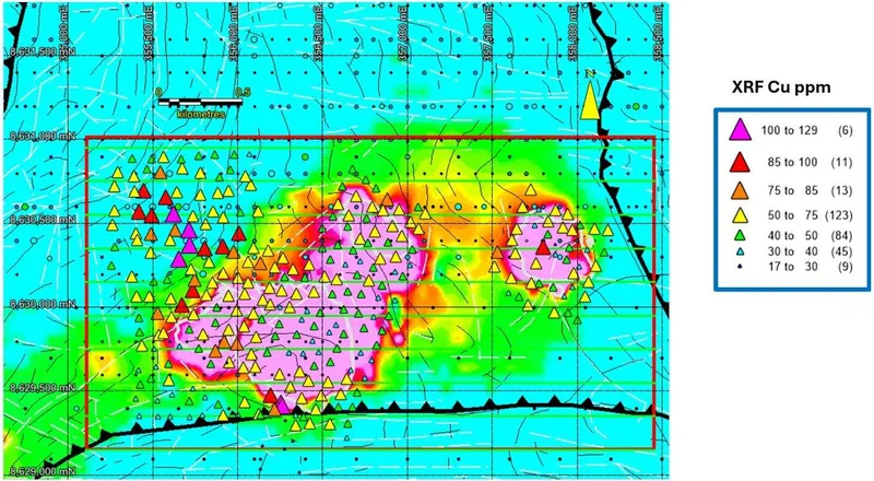 Chipimpa termite hill copper geochemistry over the three large conductive AEM anomalies, showing pXRF assays in ppm Cu