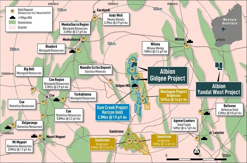 Location of the Gidgee Gold Project relative to surrounding gold deposits, processing infrastructure and regional mining centres in Western Australia’s East Mu…