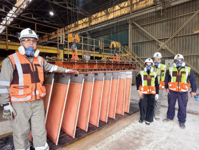 Figure 9 (Left) The ICL robotic harvesting arm at Sierra Atacama; (right) cathode harvested from the new