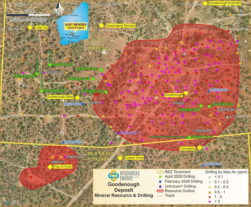 Plan showing a schematic outline of the Goodenough Mineral Resource at the 425 m RL (~10 to 20 m below surface)