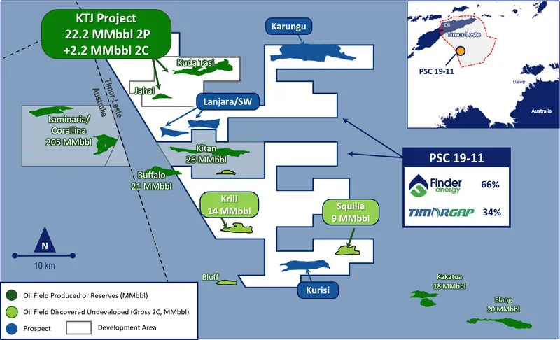 Location map showing PSC 19-11 and the KTJ Project with discovered oil fields and tie-back prospects 2,3