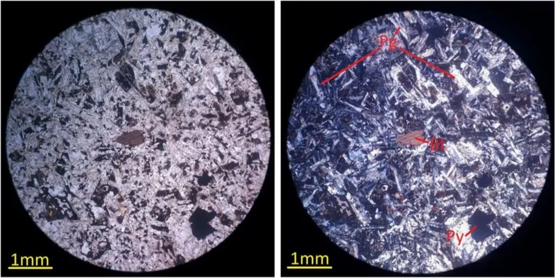 Photomicrograph of a polished thin-section prepared from a sample of variably porphyritic diorite collected from 267485mE/9070652mN