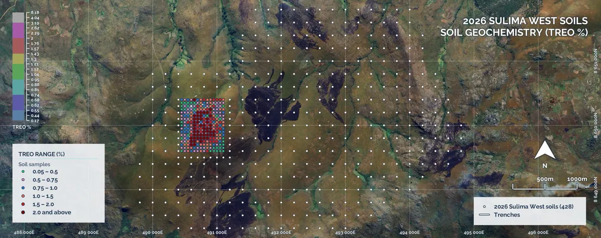 Sulima West Geochemistry7 – TREO. Image of soil geochemistry with new sample locations shown