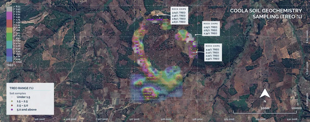 Coola Geochemistry summary6 - TREO. Image of soil geochemistry with rock chip analyses annotated