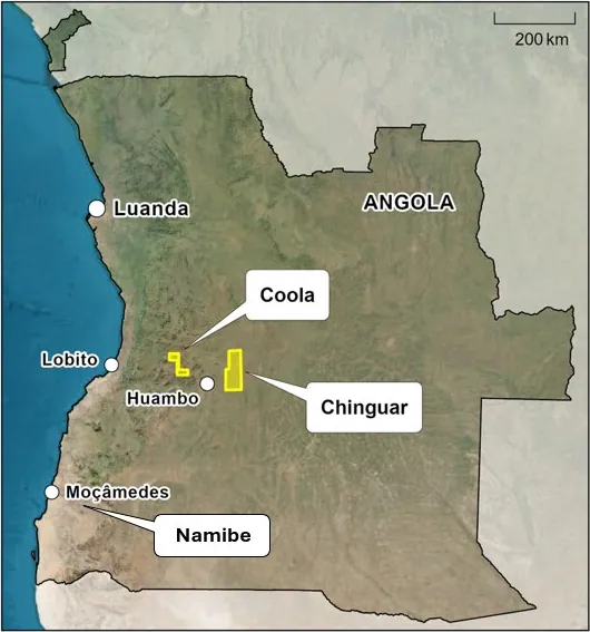 Locations of the Coola REE Project, the Chinguar Gold Project and the recently sold Namibe Project