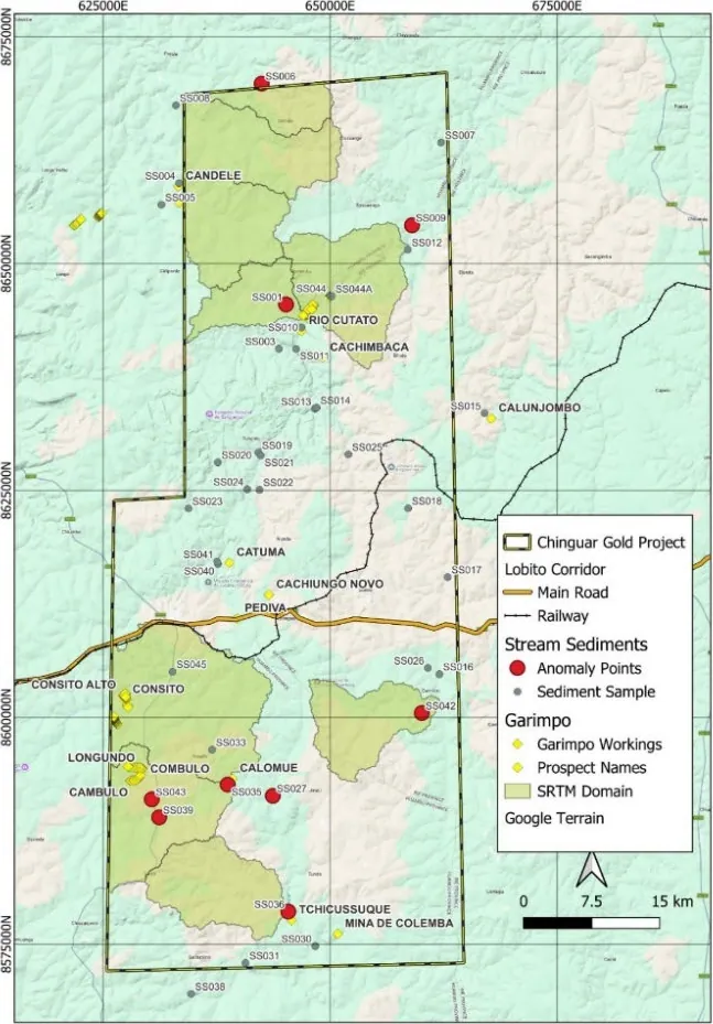 Topography and drainage patterns map for the Chinguar Gold Project