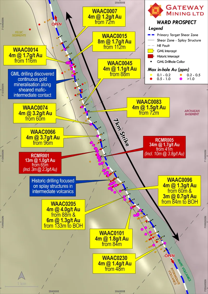 Plan view Ward Prospect. Recent GML AC results, focusing on the key mafic-intermediate contact, in relation to historic Ward drilling