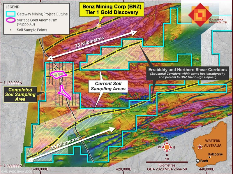 New coherent surface gold anomalies (pink outlines) in relation to regional structures and Benz Mining Corp (BNZ’s) Glenburgh Gold Discovery. Magnetic TMI imag…