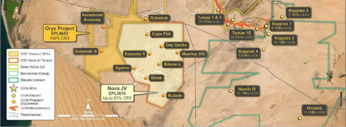Nova JV Tenements EPL3669 and EPL 3670, CR3’s 100% owned Erongo tenements EPL9725 and EPL 9652, regional stakeholders and uranium deposits