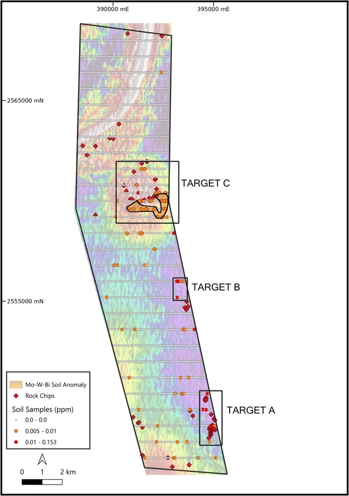Target areas identified from exploration programs at Wadi Salamah (on TMI image)