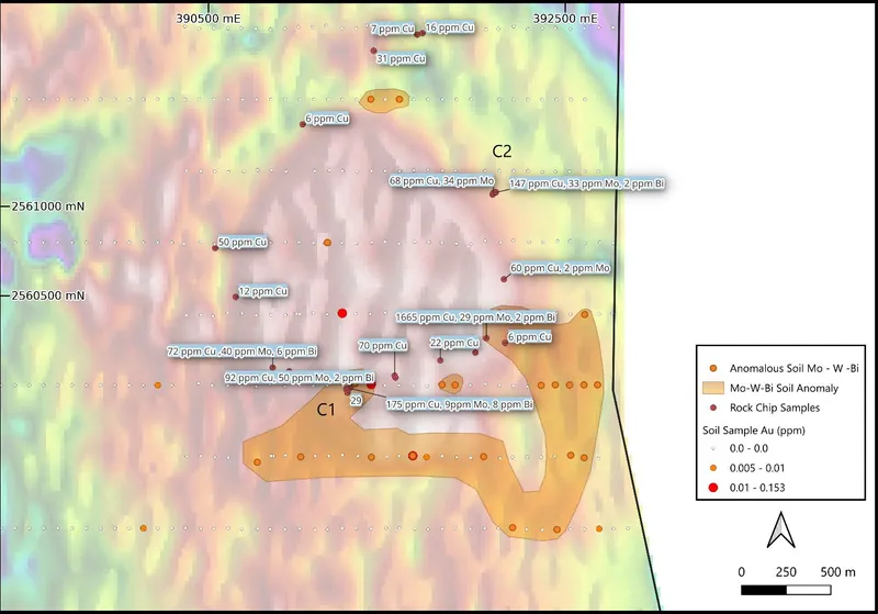 Target C soil and rock chip anomalies (on TMI).4