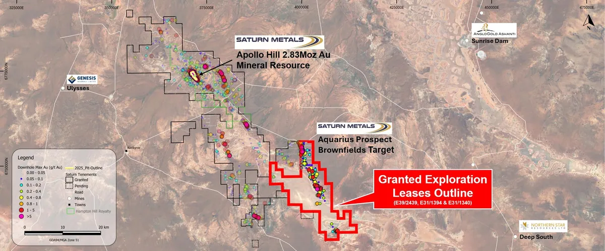 Saturn Metals Limited’s Apollo Hill project tenement map and landholdings in WA, highlighting newly granted exploration leases (red outline), the extent of the…