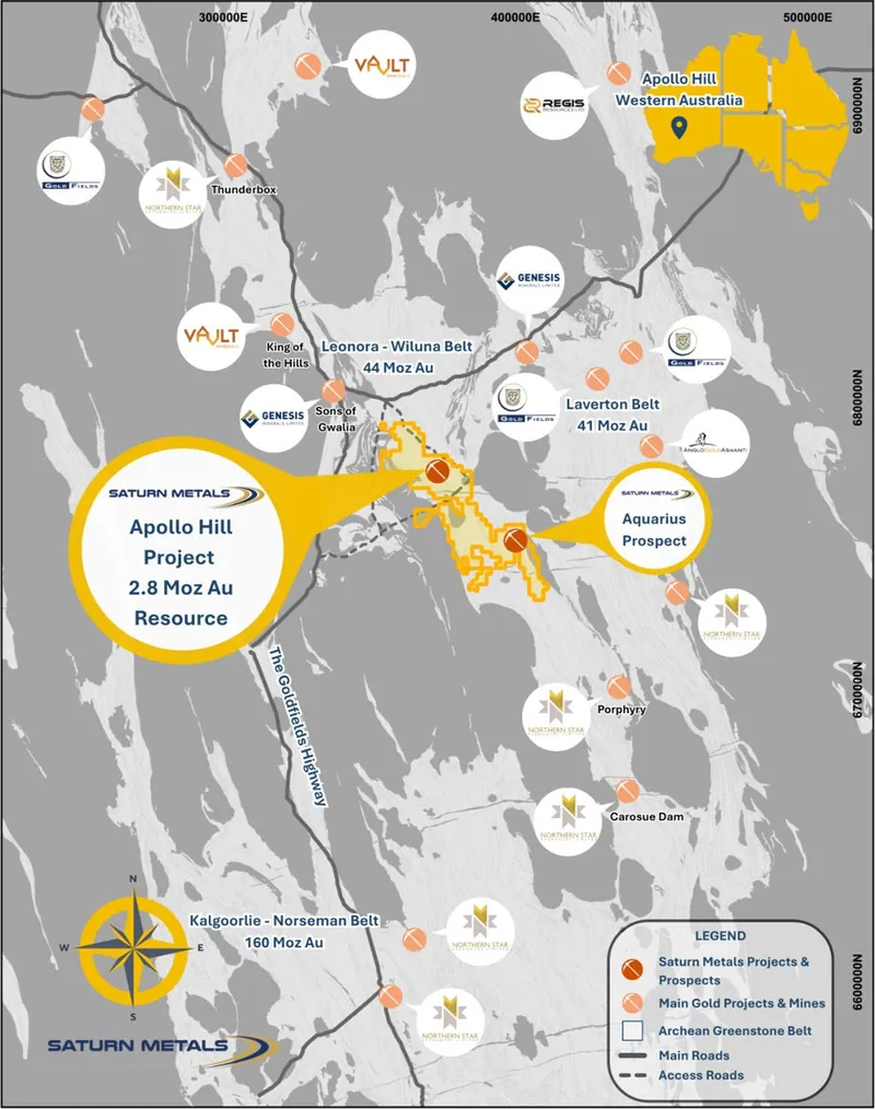 Apollo Hill location, Saturn Metals’ exploration and mining tenements and surrounding gold deposits, gold endowment and infrastructure