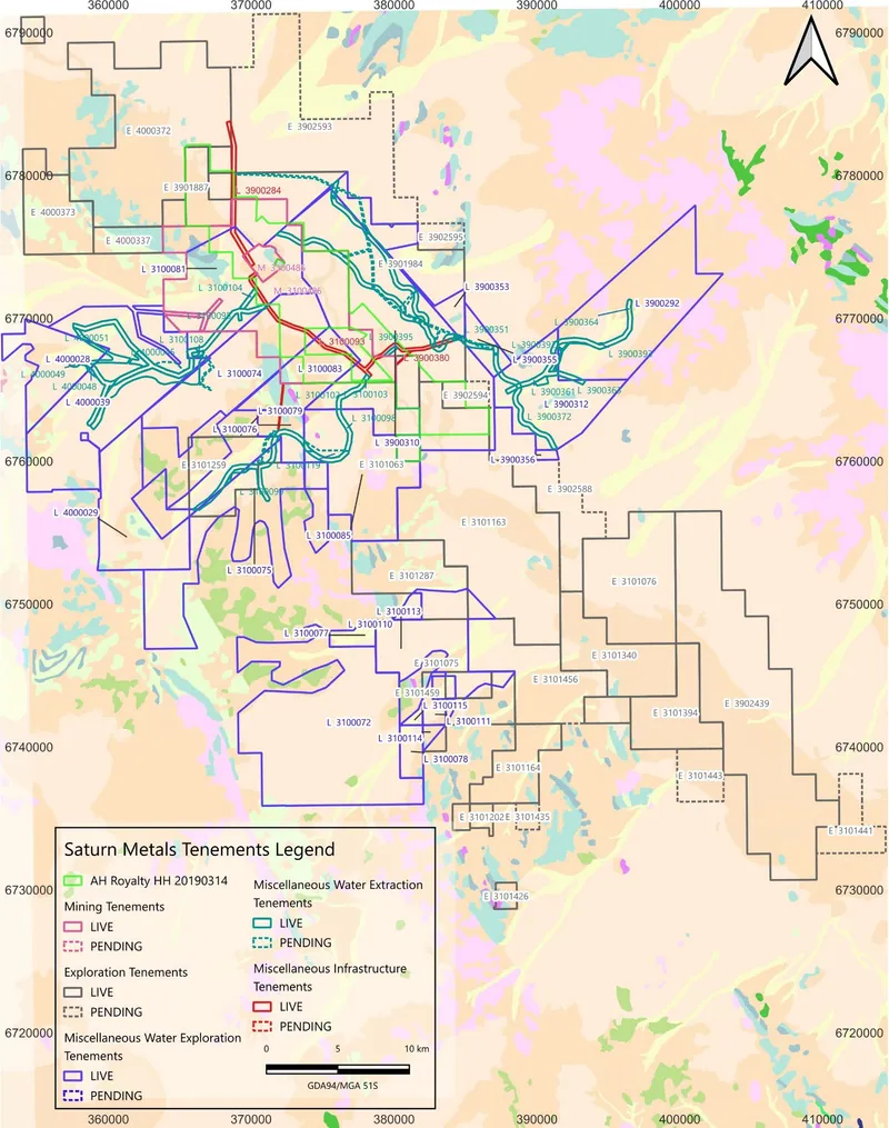 Saturn Metals Limited WA (Apollo Hill) tenement map and land holdings – 30 September 2026 (base map GSWA 1:250k regolith map sheet); diagram also shows the ext…