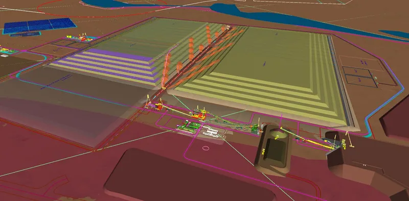 3D view (Navisworks visualisation) of interim DFS Design Drawings of the Apollo Hill Heap Leach and Processing Plant; crushing circuit shown in the foreground,…