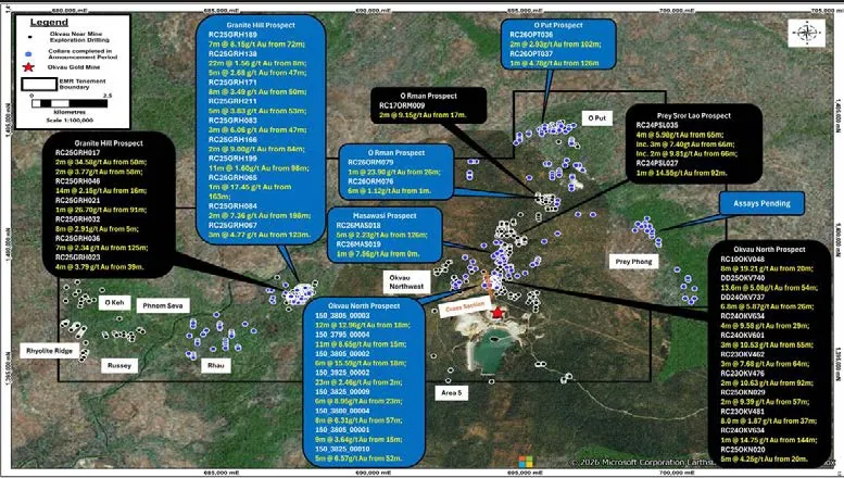 Plan view of significant drill intersections from Okvau Gold Mine near-mine prospects including Granite Hill, Okvau North, Prey Sror Lao, O Put, Masawasi and O…