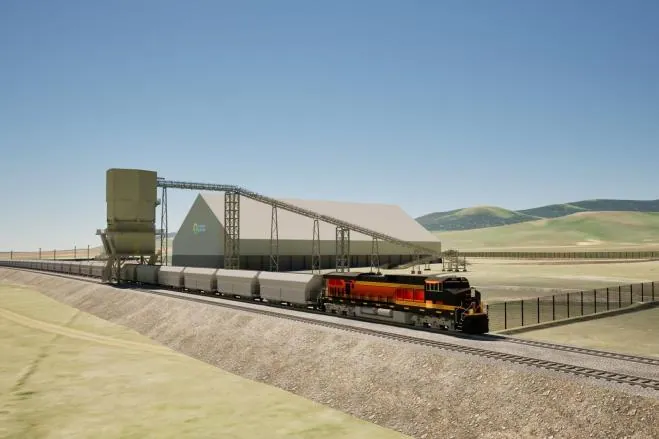 Fence installation around the perimeter of the 30-ha land-use permit area at the ERT site (left) and conceptual render of the ERT transloading facility (right)