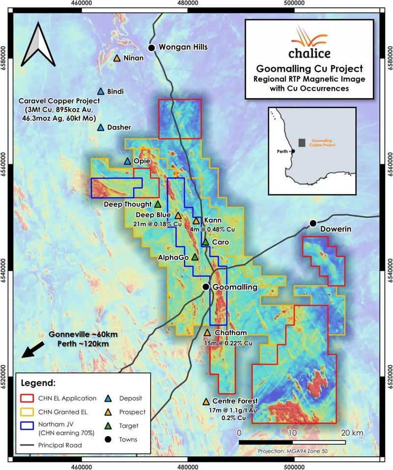 Goomalling Copper Project, prospects, targets and Caravel Copper Project deposits over regional magnetics