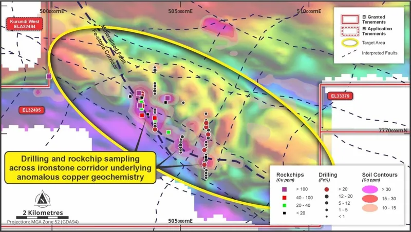 Rockchip sample locations with Cu ppm, drillhole locations on Cu soil anomalies and Bouguer Gravity 1VD Image