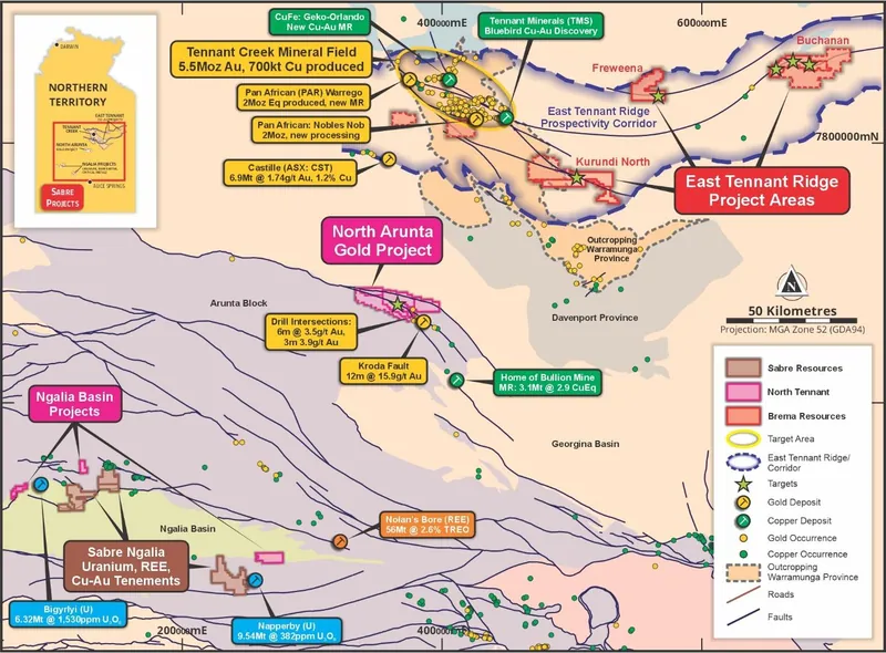 Location of the East Tennant Ridge (Brema) and North Arunta Project (NTM) Gold &Copper-Gold Project Areas