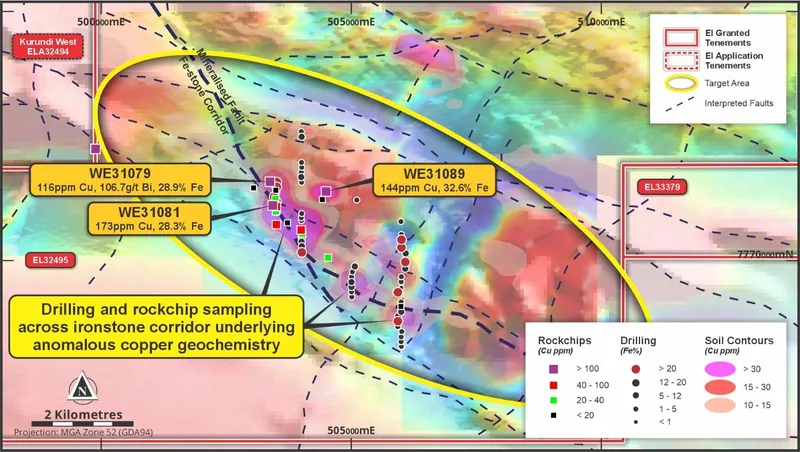 Rockchip sample locations with Cu ppm and drillhole locations on Cu soil anomalies, on TMI RTP Magnetics