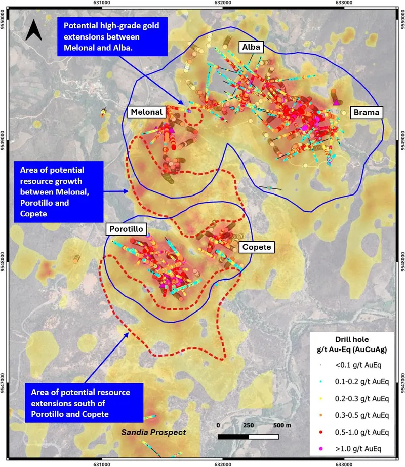 Continue resource growth between Melonal and Copete, and south of Porotillo